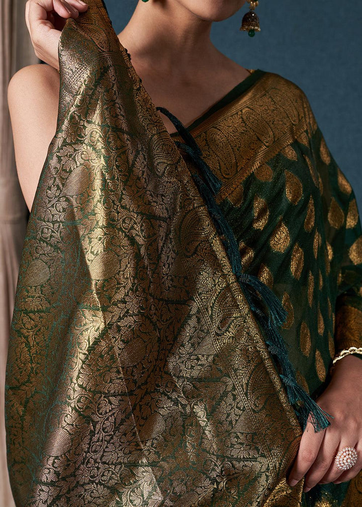 Bottle Green Woven Organza Saree - qivii