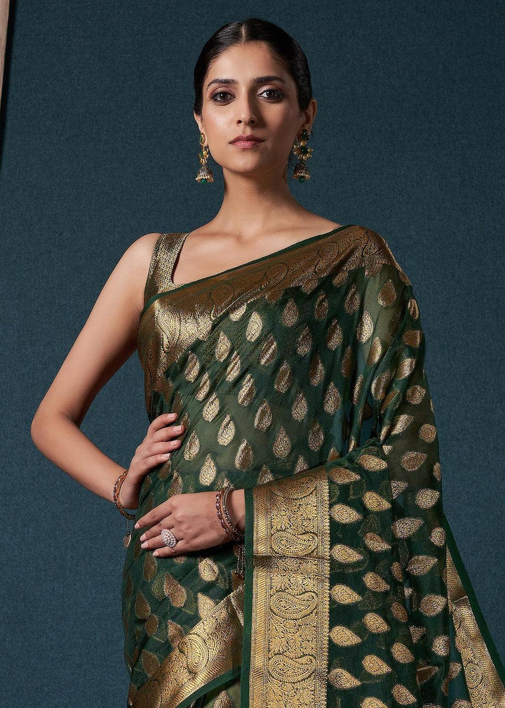 Bottle Green Woven Organza Saree - qivii