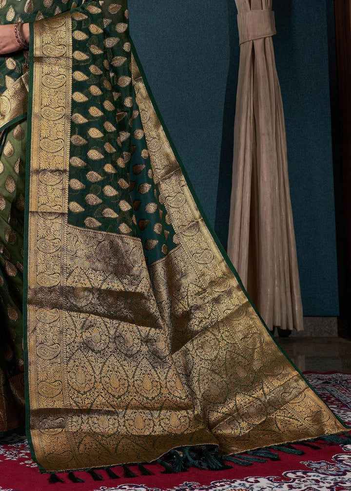 Bottle Green Woven Organza Saree - qivii