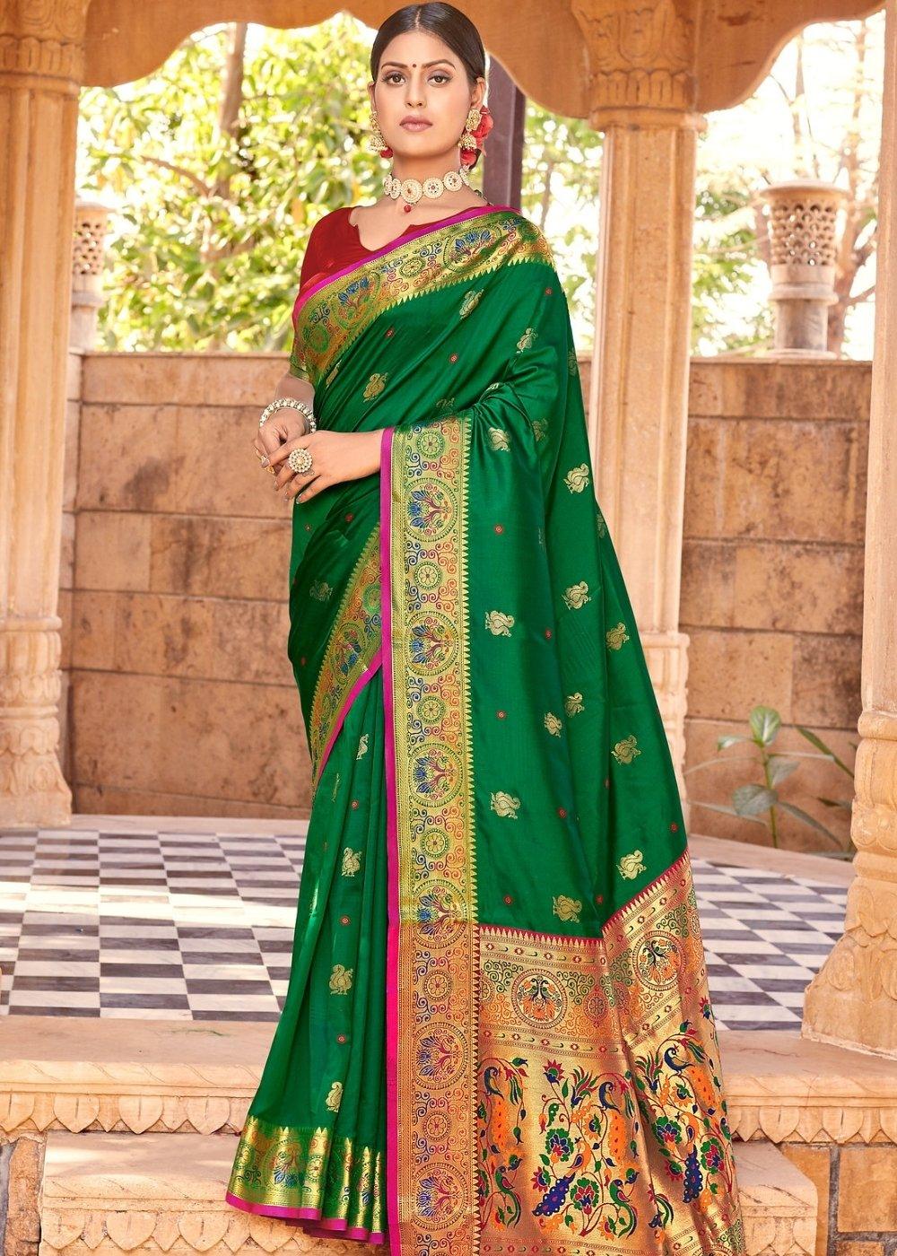 Bottle Green Woven Paithani Silk Saree | Stitched Blouse - qivii