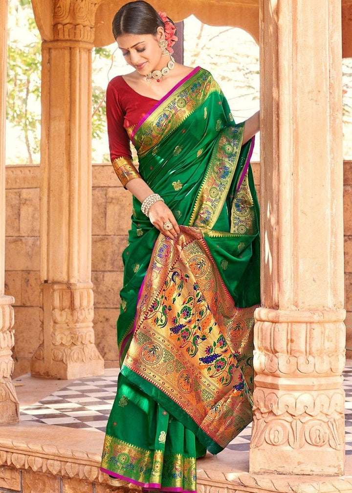 Bottle Green Woven Paithani Silk Saree | Stitched Blouse - qivii