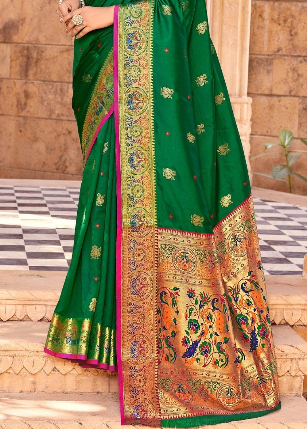 Bottle Green Woven Paithani Silk Saree | Stitched Blouse - qivii