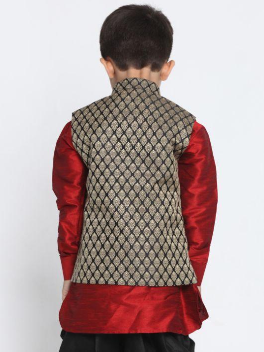 Boys' Black Cotton Silk Blend Nehru Jacket