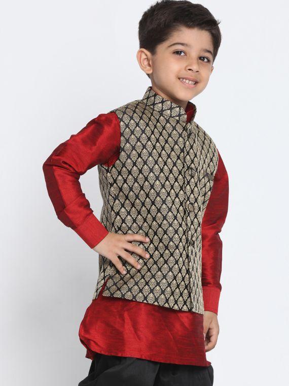 Boys' Black Cotton Silk Blend Nehru Jacket