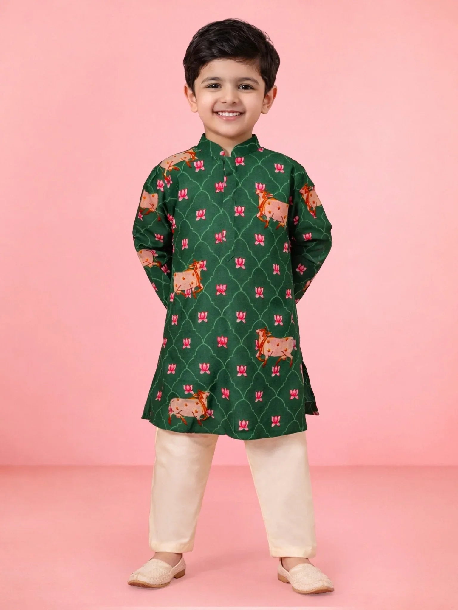 Boys Green Pichwai Cow Print Cotton Kurta Pyjama Set for Wedding & Festive Wear