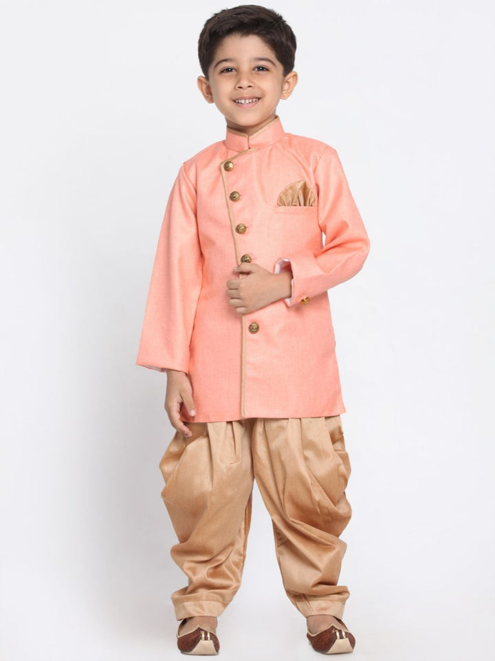 Vastramay Boys Pink Jute Silk Blend Sherwani Set