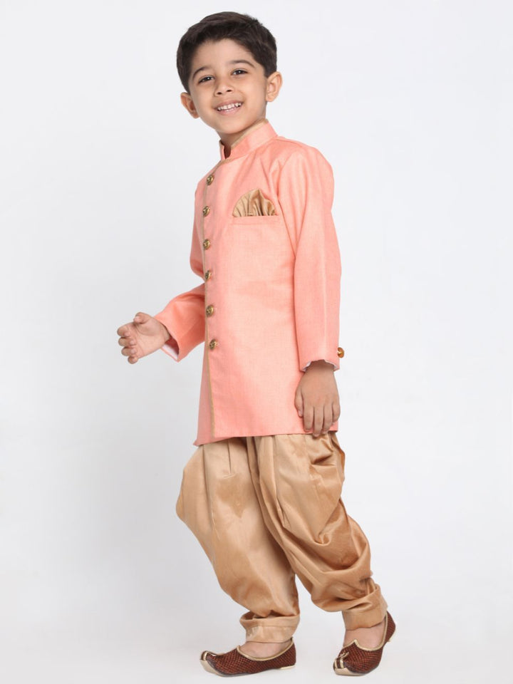 Vastramay Boys Pink Jute Silk Blend Sherwani Set