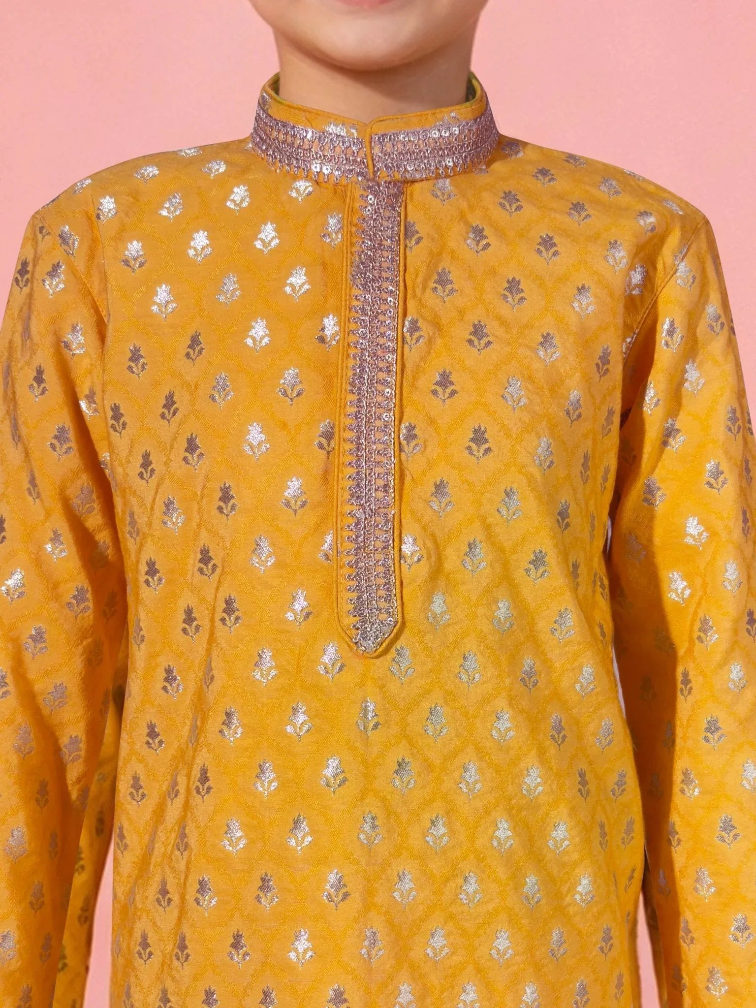 Boys Yellow Silk Blend Jacquard Kurta Pyjama Set with Sequin Work for Wedding & Festive Wear