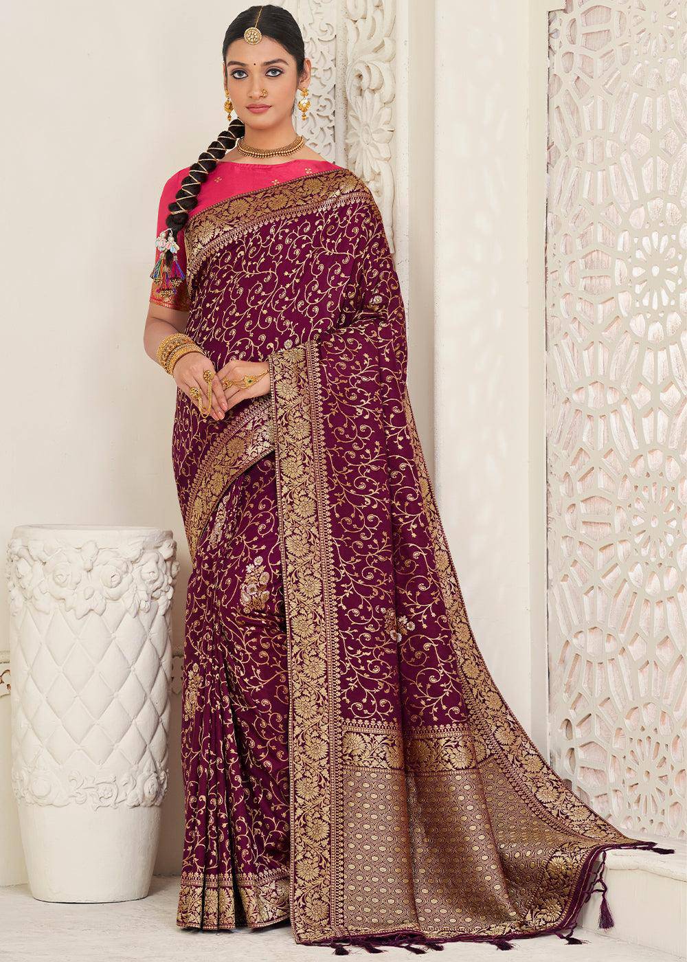 Boysenberry Purple Zari Woven Dola Silk Saree | Stitched Blouse - qivii