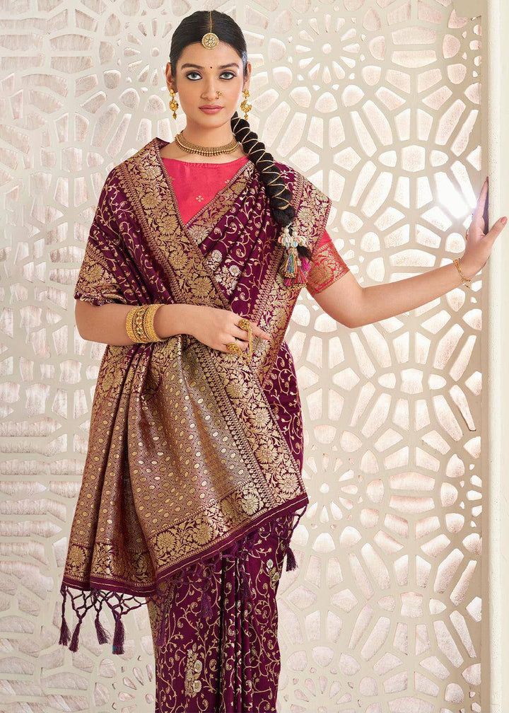 Boysenberry Purple Zari Woven Dola Silk Saree | Stitched Blouse - qivii