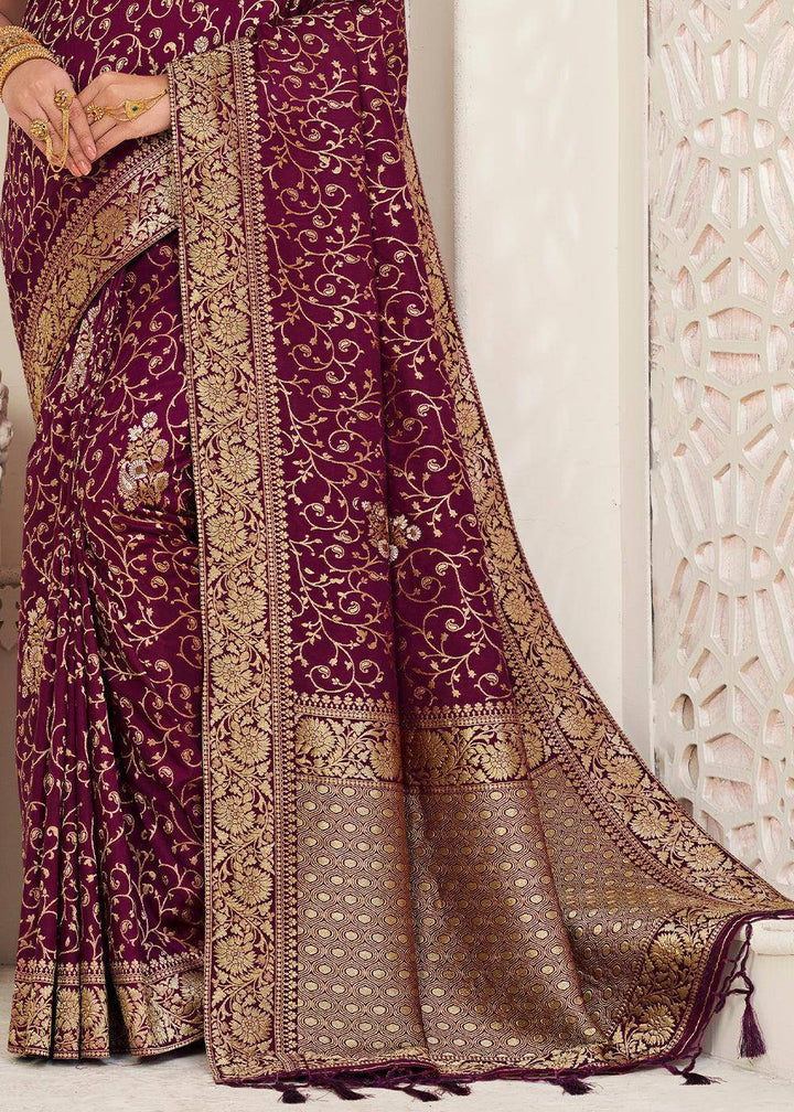 Boysenberry Purple Zari Woven Dola Silk Saree | Stitched Blouse - qivii