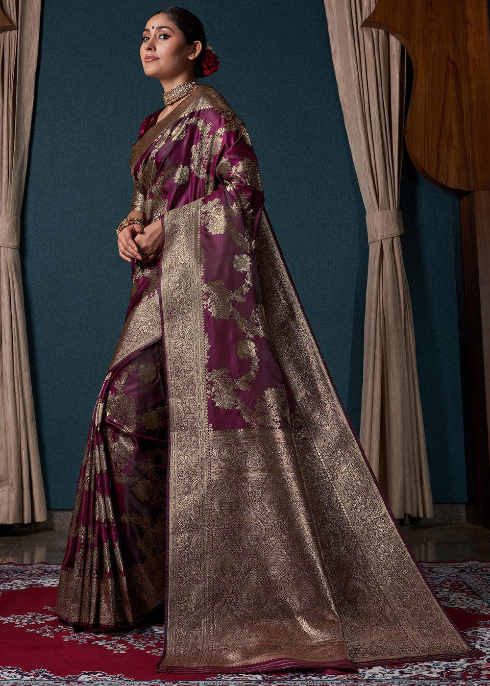 Boysenberry Purple Zari Woven Satin Silk Saree - qivii