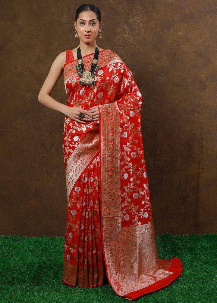 Bridal Red Hand Woven Pure Katan Silk Saree | Stitched Blouse - qivii