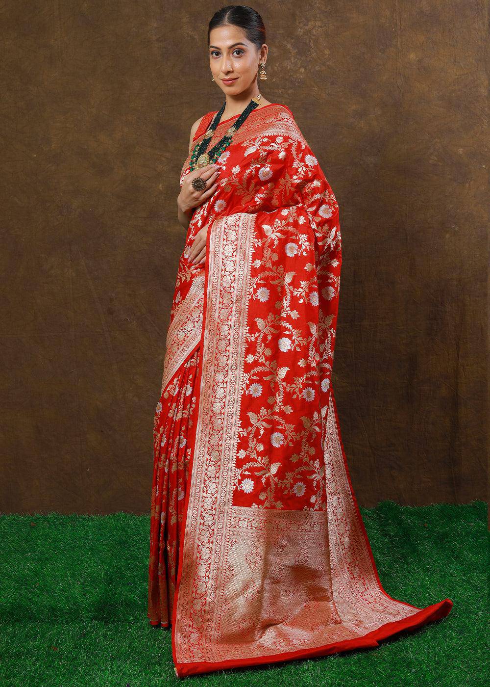 Bridal Red Hand Woven Pure Katan Silk Saree | Stitched Blouse - qivii