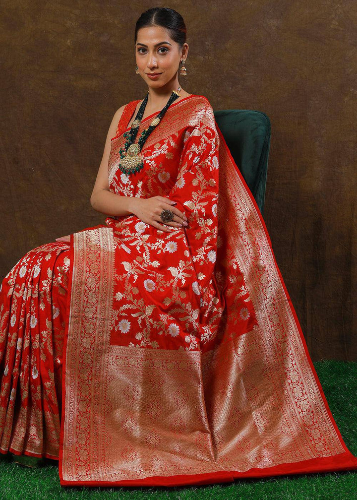 Bridal Red Hand Woven Pure Katan Silk Saree | Stitched Blouse - qivii