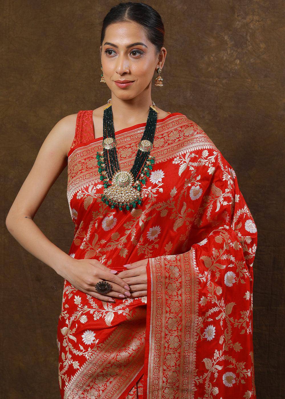 Bridal Red Hand Woven Pure Katan Silk Saree | Stitched Blouse - qivii