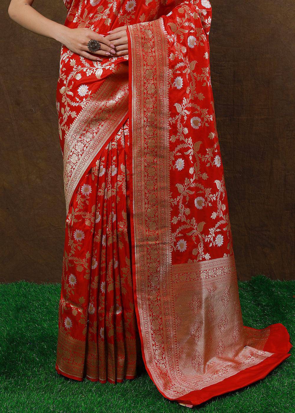 Bridal Red Hand Woven Pure Katan Silk Saree | Stitched Blouse - qivii