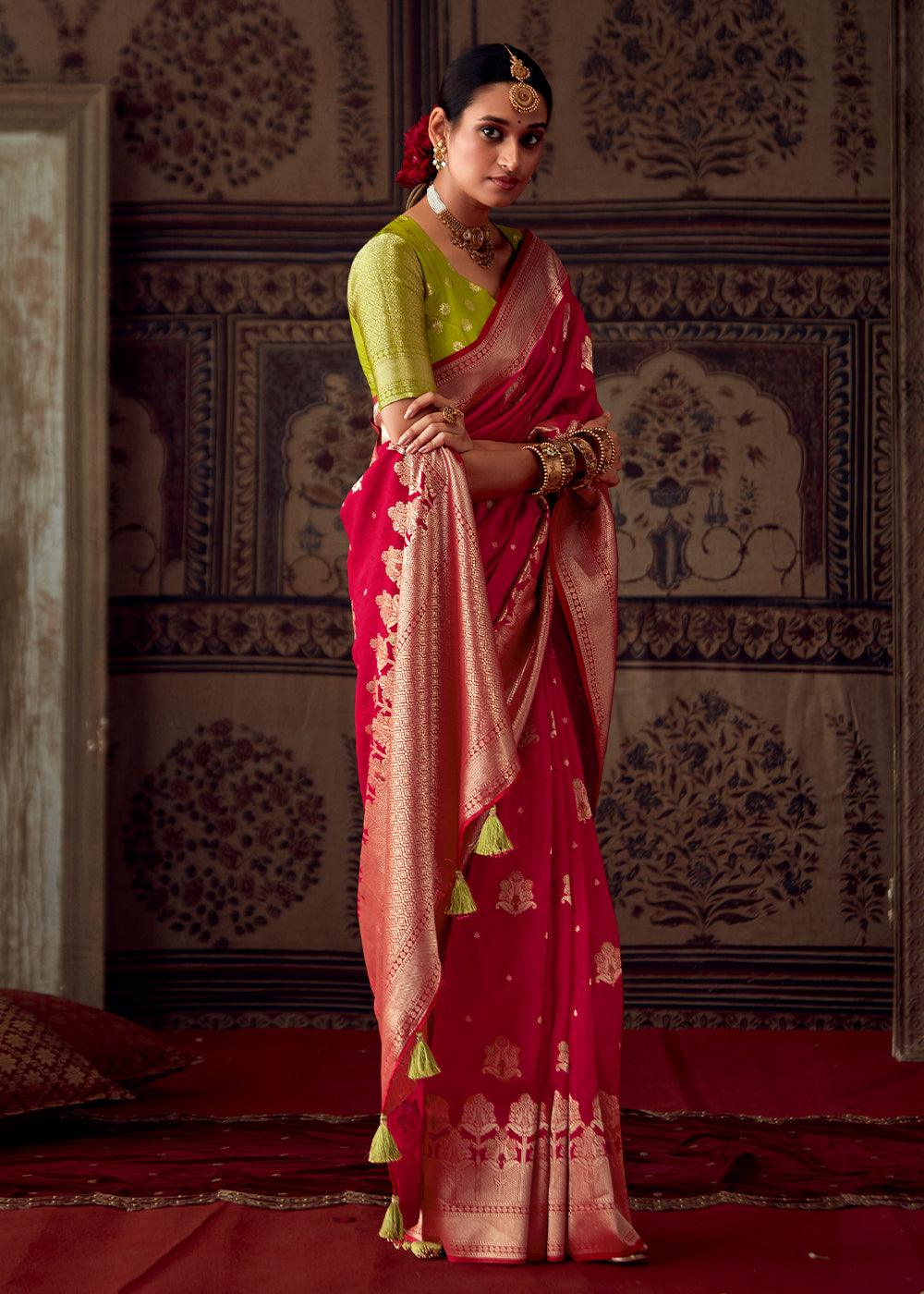 Bridal Red Meenakari Weaving Dola Silk Saree - qivii