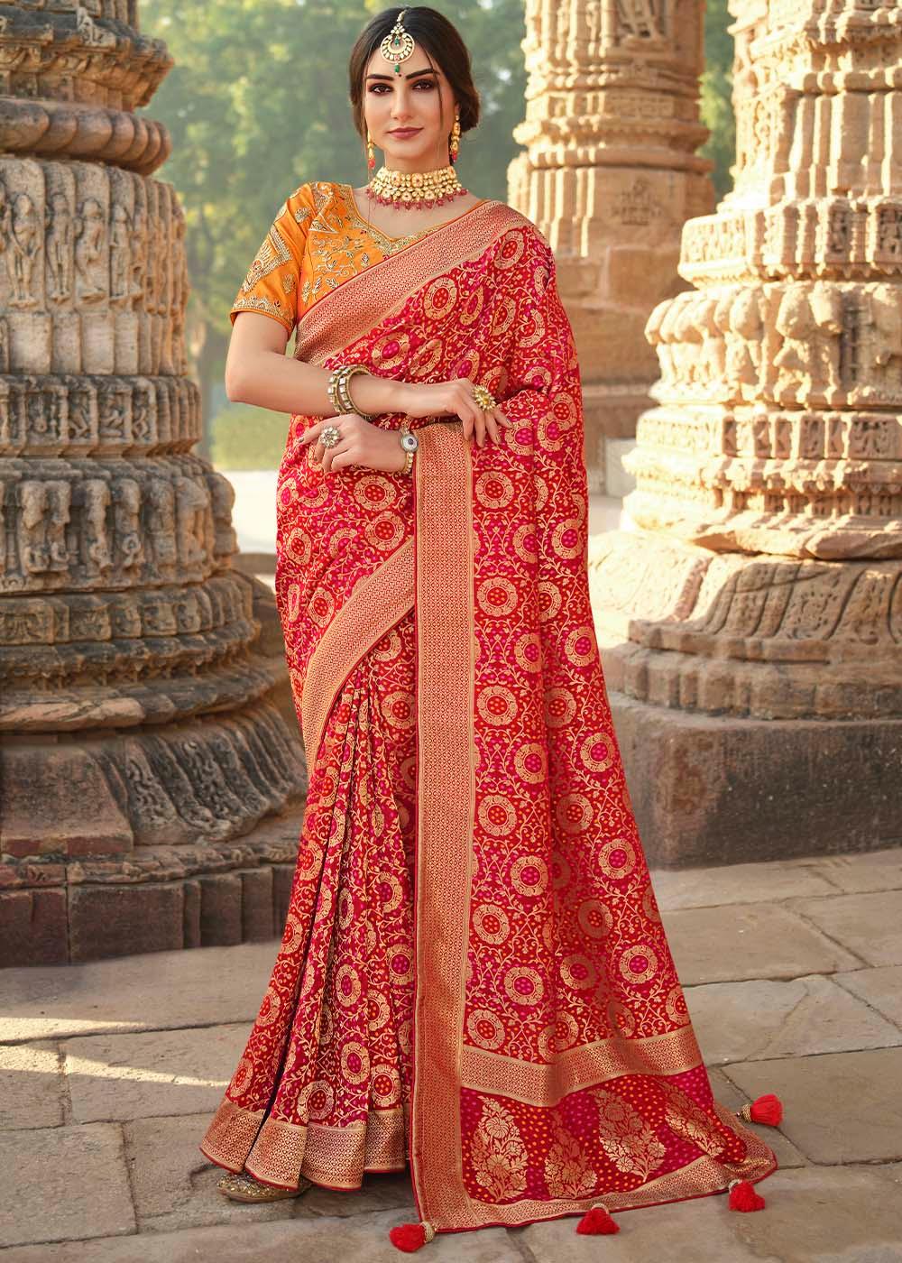 Bridal Red Woven Banarasi Silk Saree with Embroidered Blouse | Stitched Blouse - qivii