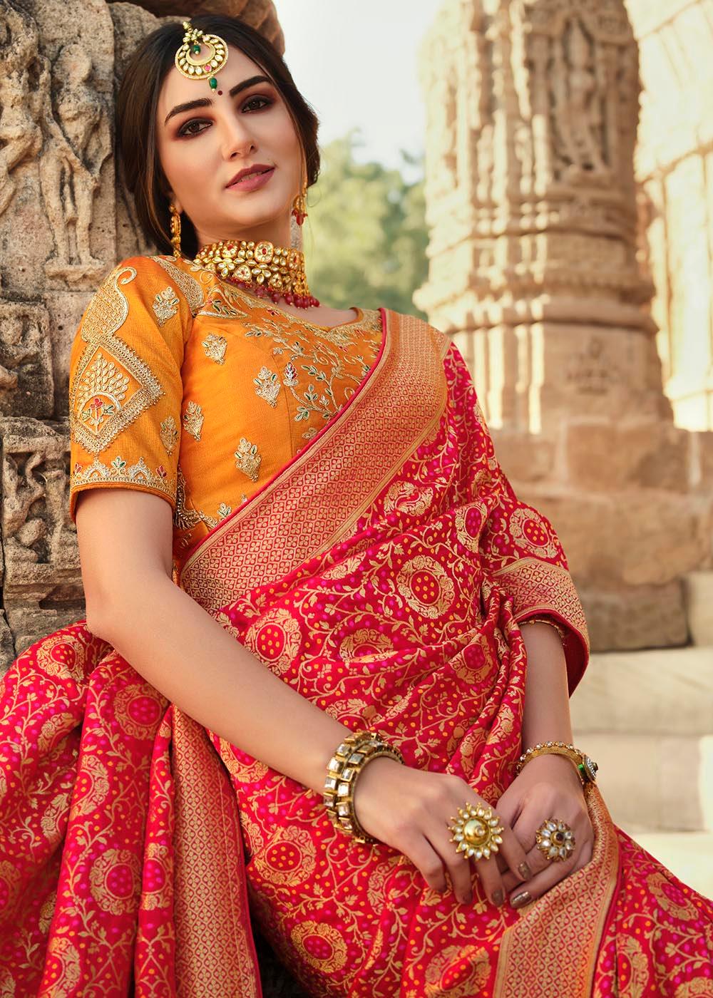 Bridal Red Woven Banarasi Silk Saree with Embroidered Blouse | Stitched Blouse - qivii