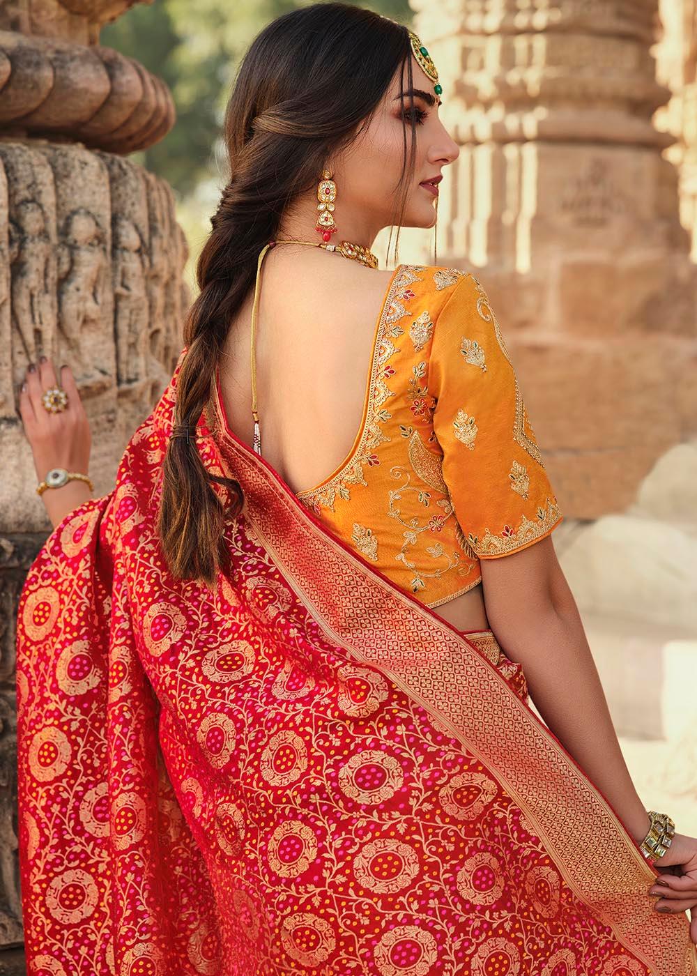 Bridal Red Woven Banarasi Silk Saree with Embroidered Blouse | Stitched Blouse - qivii