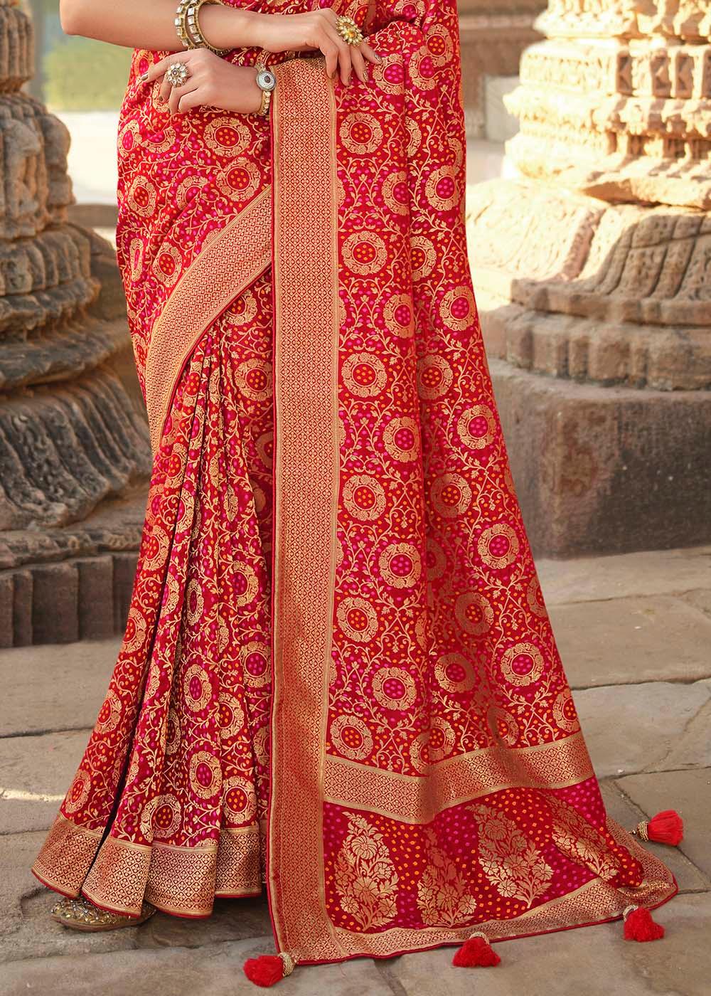 Bridal Red Woven Banarasi Silk Saree with Embroidered Blouse | Stitched Blouse - qivii