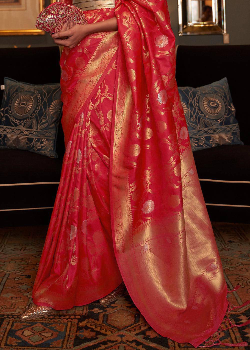 Bridal Red Woven Banarasi Silk Saree with Tassels on Pallu | Stitched Blouse - qivii