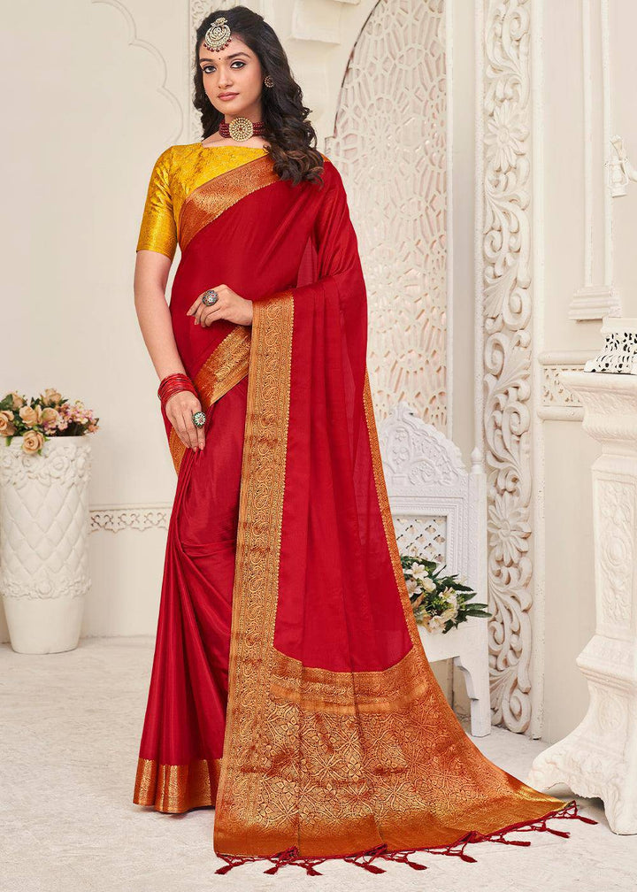 Bridal Red Woven Chinon Silk Saree | Stitched Blouse - qivii