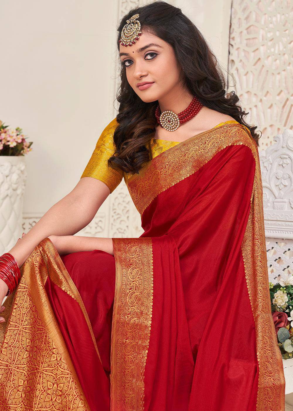 Bridal Red Woven Chinon Silk Saree | Stitched Blouse - qivii