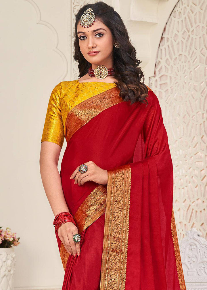 Bridal Red Woven Chinon Silk Saree | Stitched Blouse - qivii