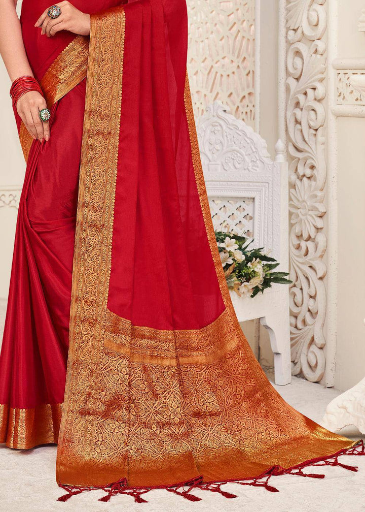 Bridal Red Woven Chinon Silk Saree | Stitched Blouse - qivii