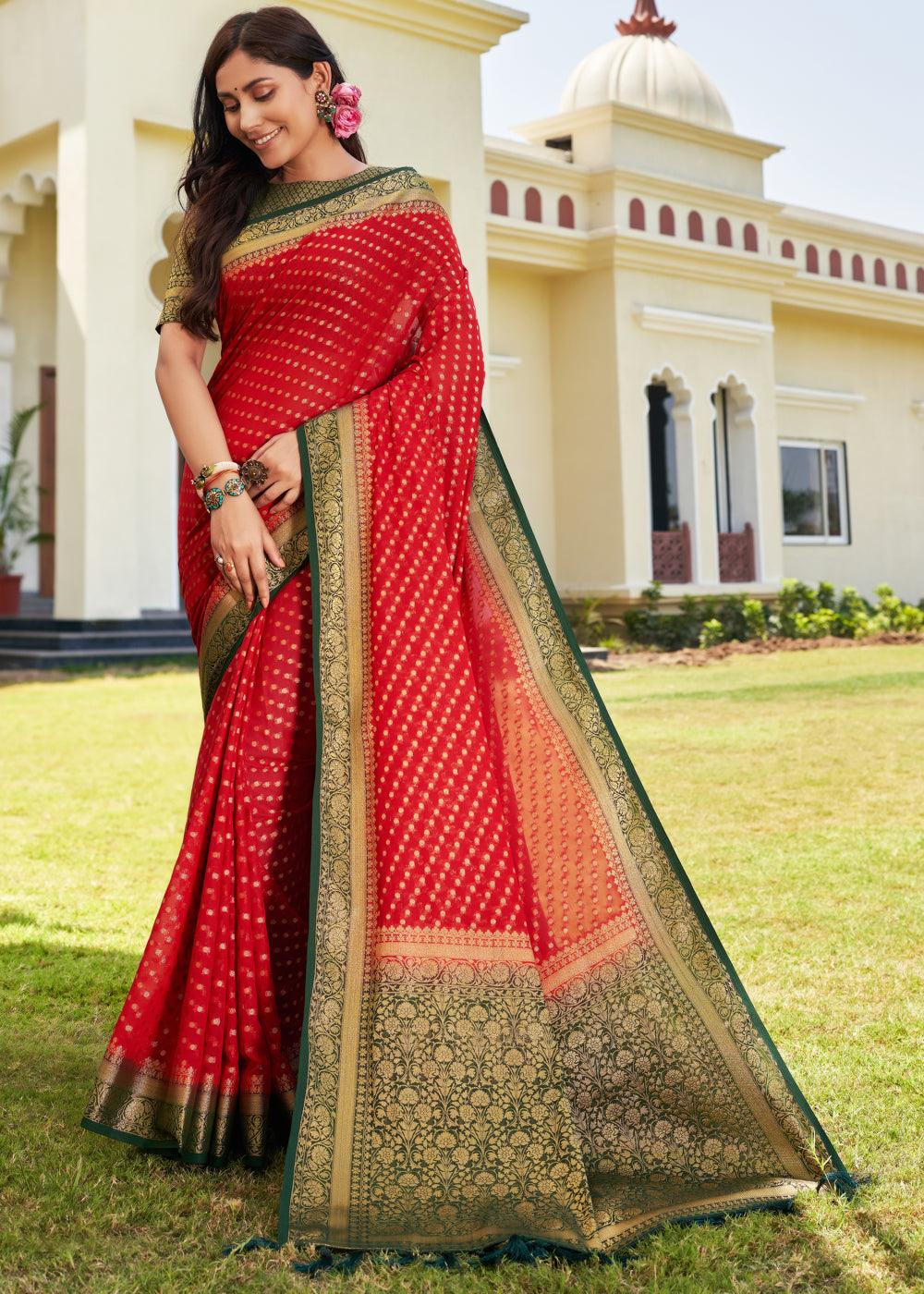 Bridal Red Zari Woven Georgette Saree with Contrast Blouse & Pallu - qivii