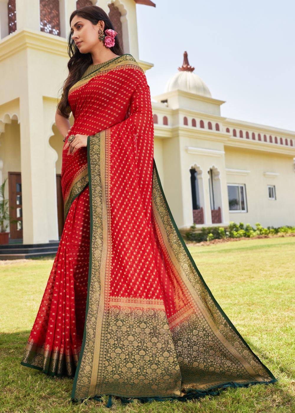 Bridal Red Zari Woven Georgette Saree with Contrast Blouse & Pallu - qivii