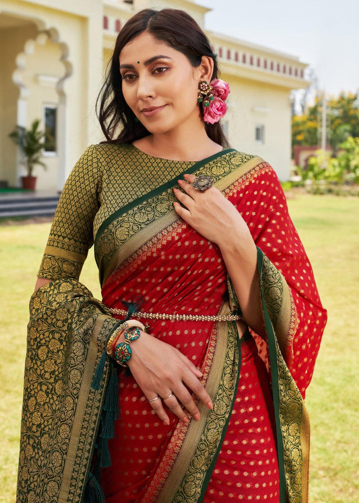 Bridal Red Zari Woven Georgette Saree with Contrast Blouse & Pallu - qivii