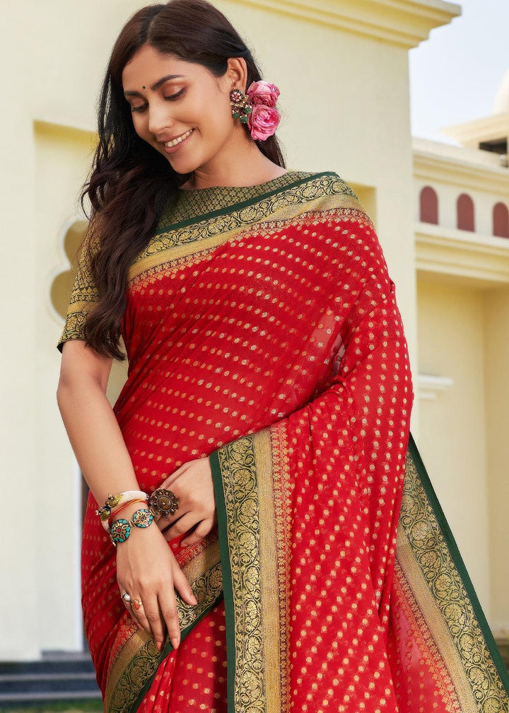 Bridal Red Zari Woven Georgette Saree with Contrast Blouse & Pallu - qivii