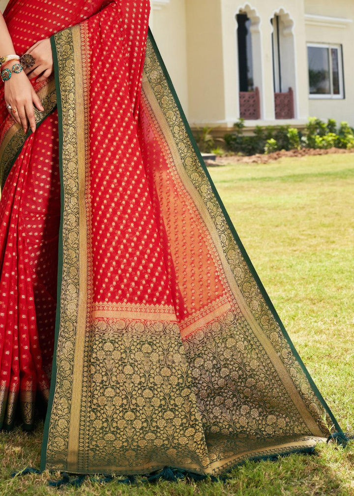 Bridal Red Zari Woven Georgette Saree with Contrast Blouse & Pallu - qivii