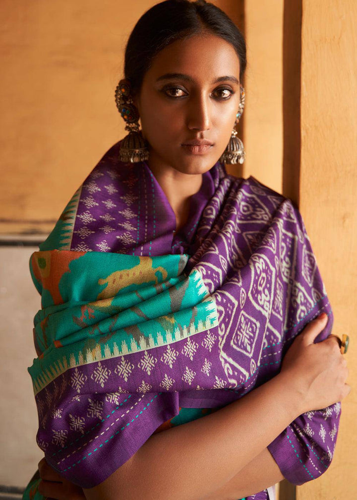 Bright Cyan Blue Patola Print Tussar Silk Saree | Stitched Blouse - qivii