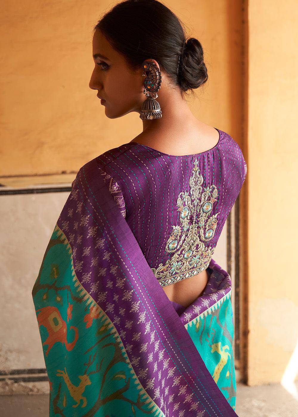 Bright Cyan Blue Patola Print Tussar Silk Saree | Stitched Blouse - qivii