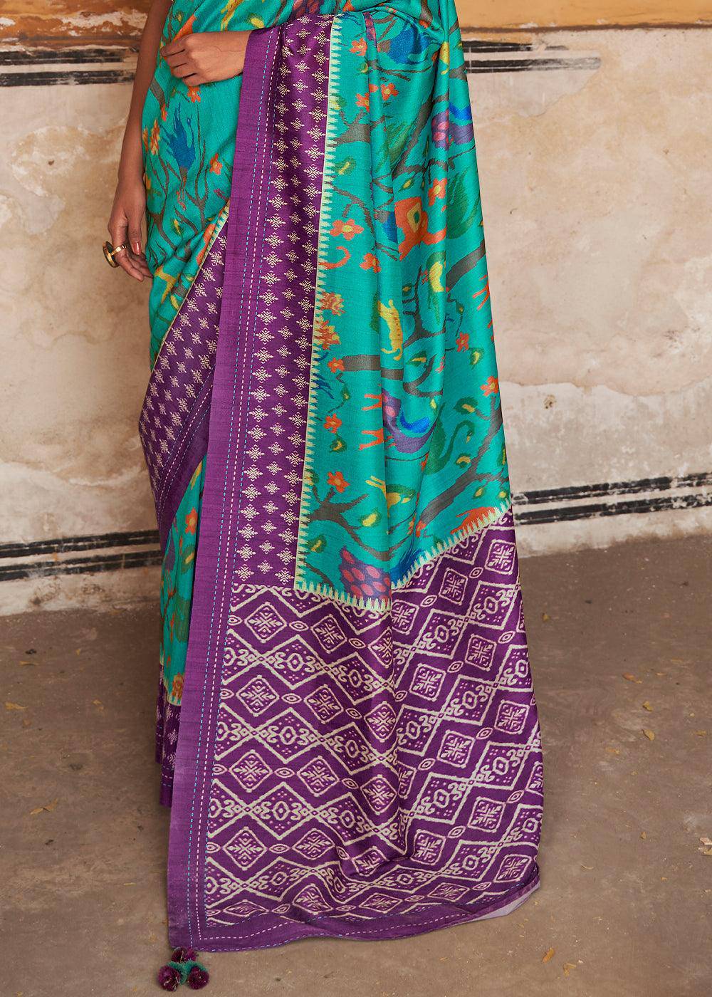 Bright Cyan Blue Patola Print Tussar Silk Saree | Stitched Blouse - qivii