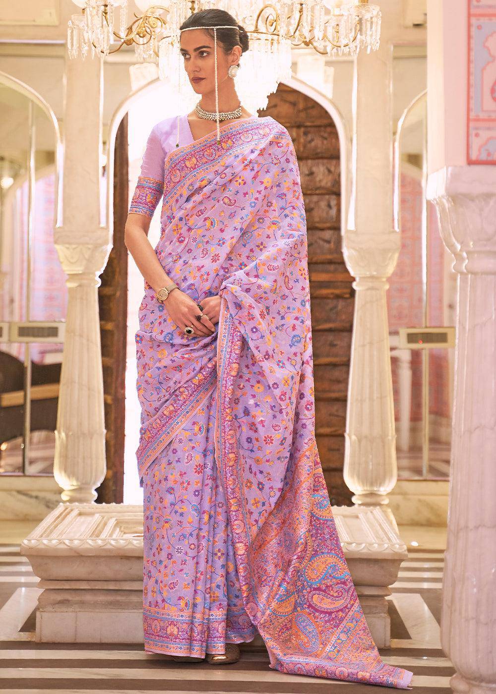 Bright Lilac Purple Banarasi Jamawar Woven Silk Saree | Stitched Blouse - qivii