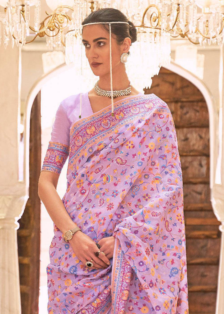 Bright Lilac Purple Banarasi Jamawar Woven Silk Saree | Stitched Blouse - qivii