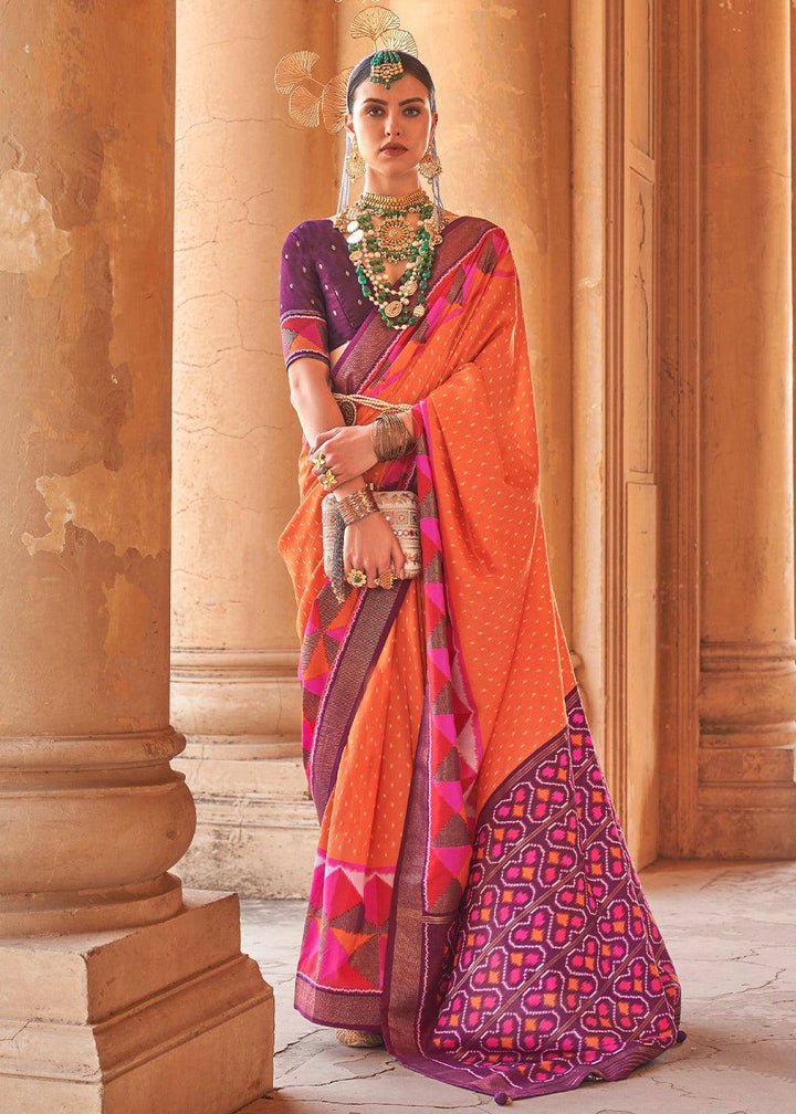 Bright Orange Designer Printed Silk Saree with Contrast Blouse & Pallu | Stitched Blouse - qivii