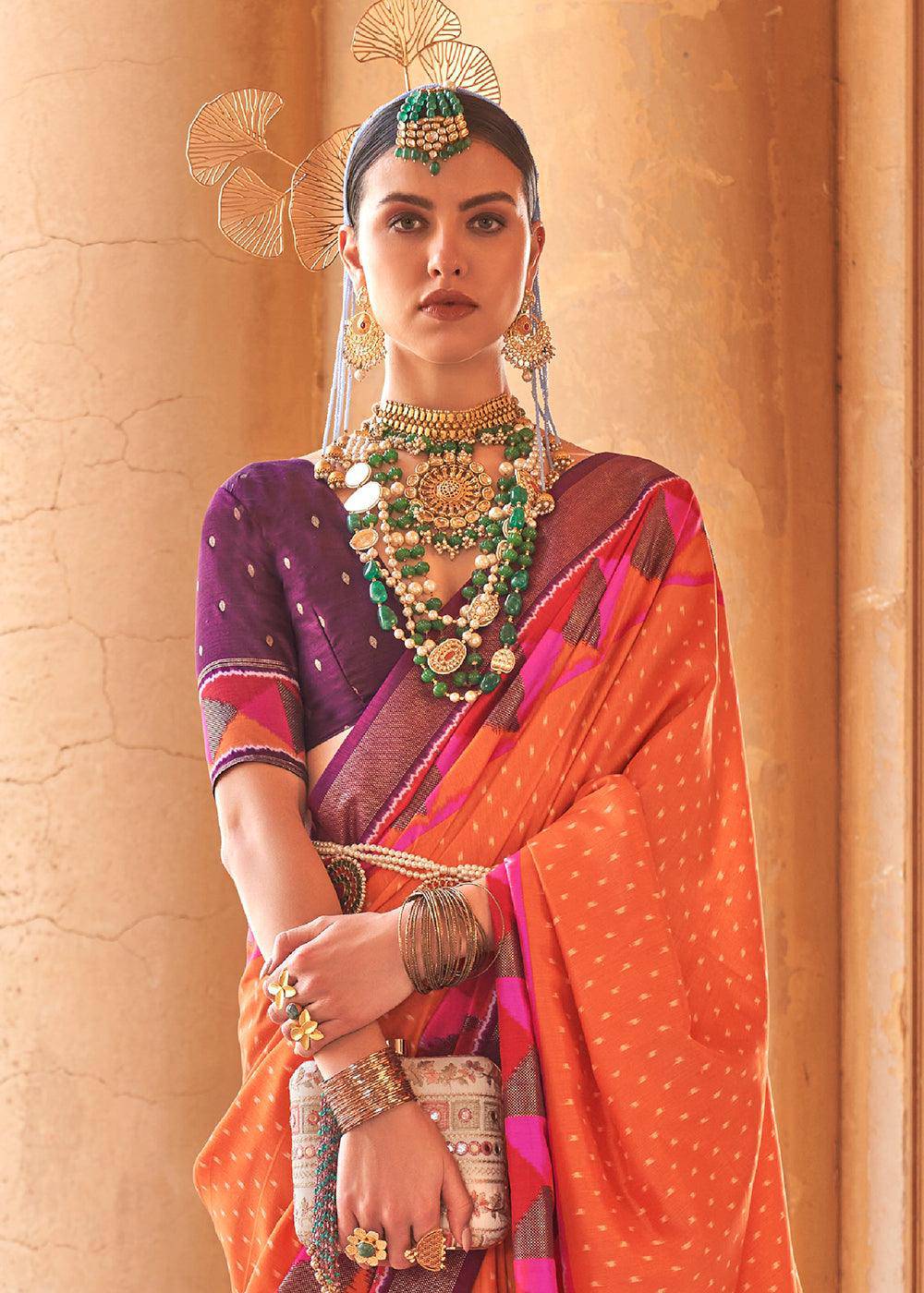 Bright Orange Designer Printed Silk Saree with Contrast Blouse & Pallu | Stitched Blouse - qivii