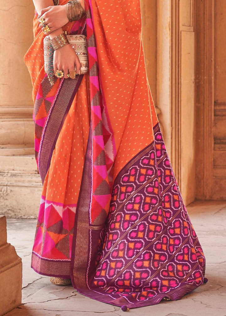 Bright Orange Designer Printed Silk Saree with Contrast Blouse & Pallu | Stitched Blouse - qivii