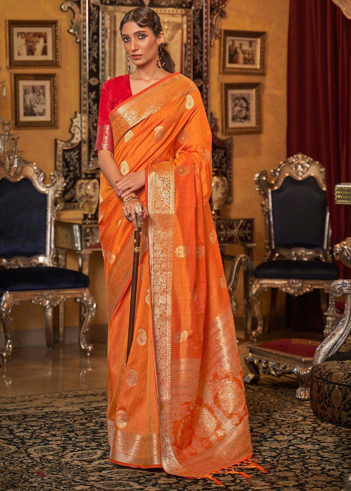 Bright Orange Zari Woven Tussar Silk Saree | Stitched Blouse - qivii