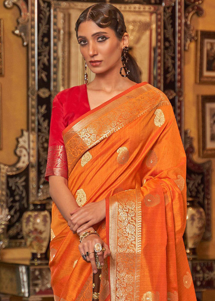 Bright Orange Zari Woven Tussar Silk Saree | Stitched Blouse - qivii