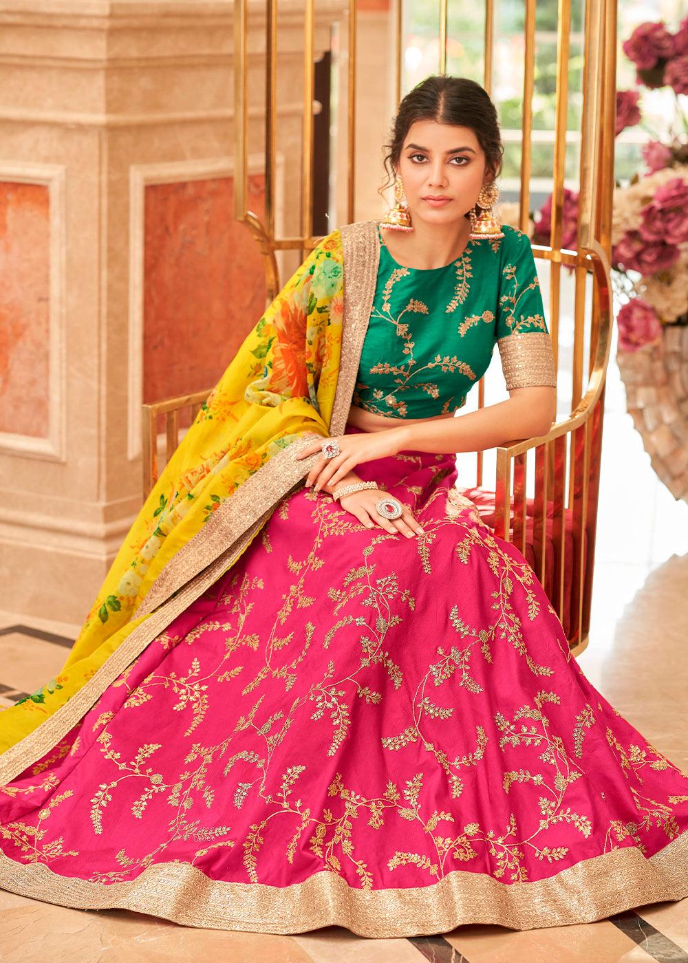 Bright Pink Art Silk Lehenga Choli with Thread, Zari,Dori & Sequins work - qivii