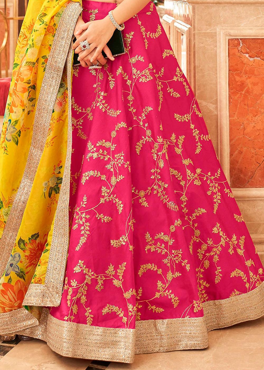 Bright Pink Art Silk Lehenga Choli with Thread, Zari,Dori & Sequins work - qivii