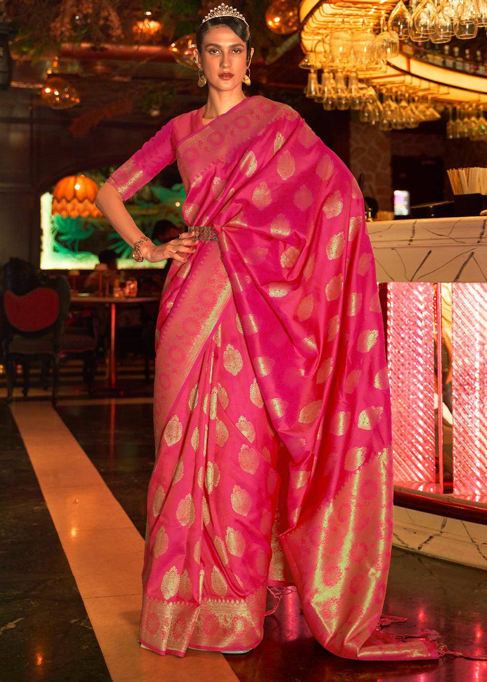 Bright Pink Handloom Woven Banarasi Silk Saree | Stitched Blouse - qivii