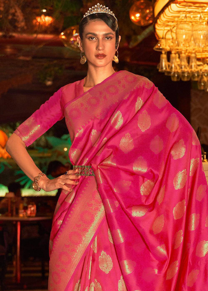 Bright Pink Handloom Woven Banarasi Silk Saree | Stitched Blouse - qivii